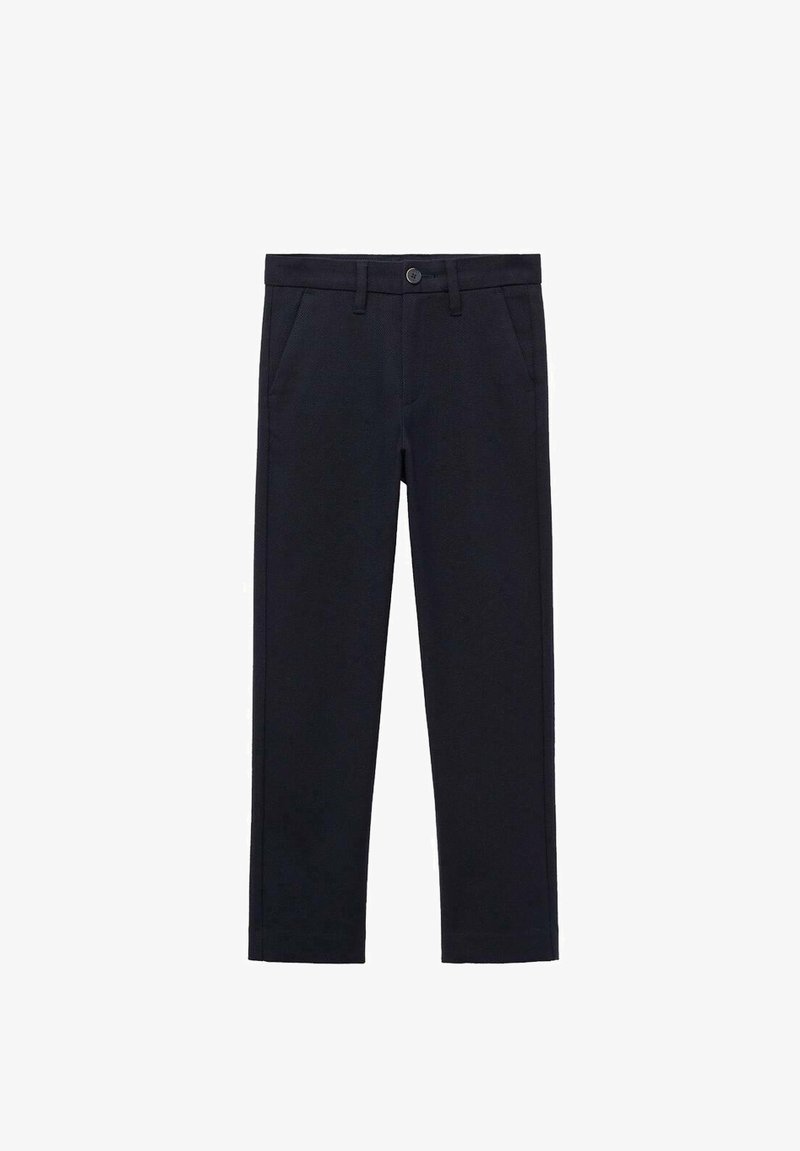 Dark navy trousers in a smooth fabric, featuring a button closure, belt loops, side pockets, and a tailored fit with a straight leg.