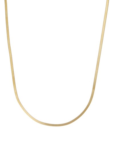 Goldfarbener, glatter Metall-Halsreif mit einem dünnen, flachen Kettendesign. Abgerundete Kanten erzeugen eine dezente Kurve und sorgen für ein minimalistisches Erscheinungsbild.