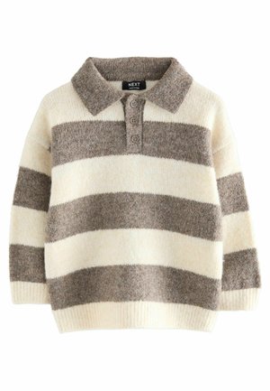 Maglione a righe in crema e marrone chiaro, con colletto, patta con tre bottoni e tessuto morbido e texture.