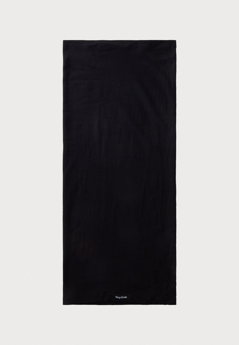 Black, rectangular scarf made of soft, smooth fabric with a subtle texture. Features a small GripGrab label at the bottom.