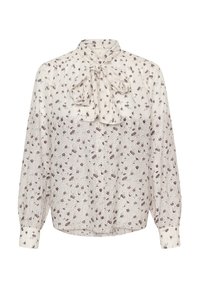 Blusa de manga larga en crema con un estampado floral en burdeos. Presenta un cuello con lazo y puños con botones. Confeccionada con tela ligera.