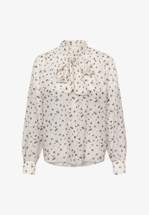 Ilgabiedru blūze krēmkrāsā ar ziedu rakstu bordo krāsā. Ar piespraužamu loku apkakli un pogājamiem aproču galiem. Izgatavota no viegla auduma.