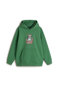 Haut à capuche vert en tissu doux avec une poche avant et un grand design graphique comportant le texte "VANS" et des éléments de dessins animés colorés.