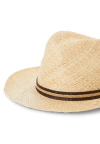 Wide-brimmed straw hat featuring a braided brown band with light accents, showcasing a natural woven texture and light beige color.