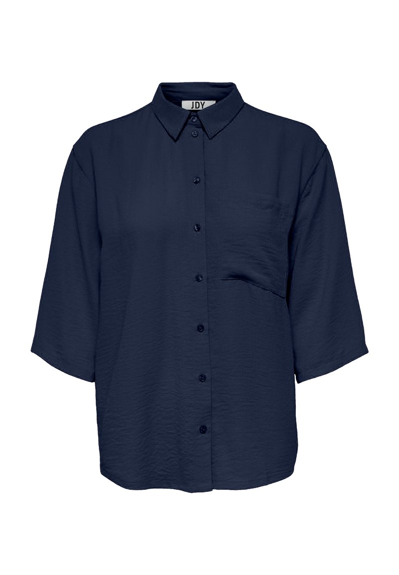 Navy blue, collared button-up shirt with short sleeves, textured fabric, and a single chest pocket.