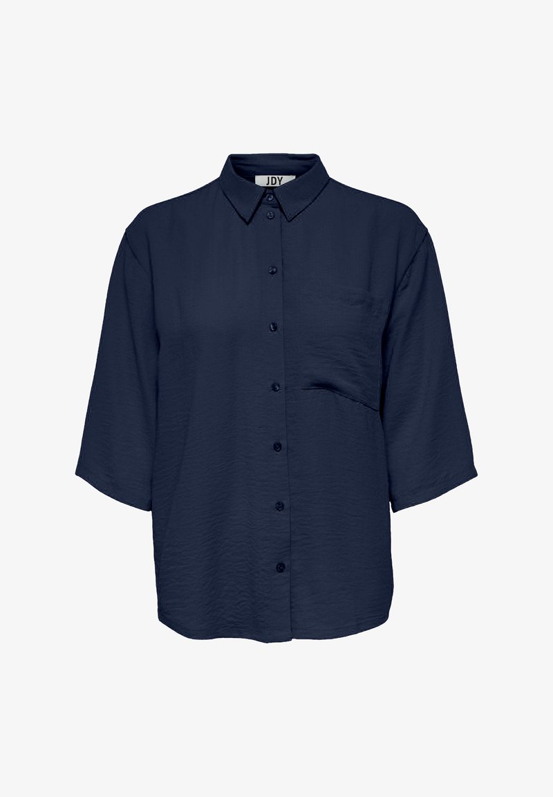 Navy blue, collared button-up shirt with short sleeves, textured fabric, and a single chest pocket.