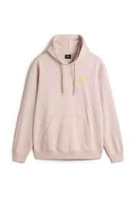 Felpa con cappuccio di colore rosa chiaro, realizzata in tessuto morbido, dotata di tasca a marsupio e di un logo giallo sul lato sinistro del petto.