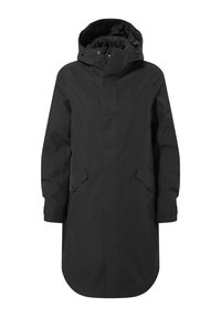 Black long hooded parka coat with front flap pockets and concealed zipper closure, designed for cold weather protection.