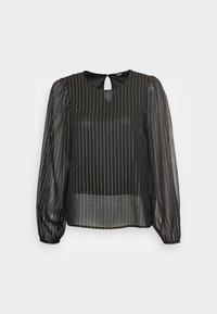 Blusa nera trasparente con strisce verticali dorate, con maniche a sbuffo, scollatura tonda e dettaglio a sottopassaggio sul retro.