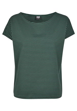 Grünes und schwarzes gestreiftes T-Shirt mit Rundhalsausschnitt, kurzen Ärmeln und lockerer Passform. Hergestellt aus weichem, leichtem Stoff.