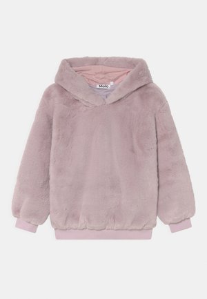 Felpa con cappuccio morbida e rosa chiaro in tessuto peluche, con maniche lunghe, polsini elastici e cappuccio, progettata per calore e comfort.
