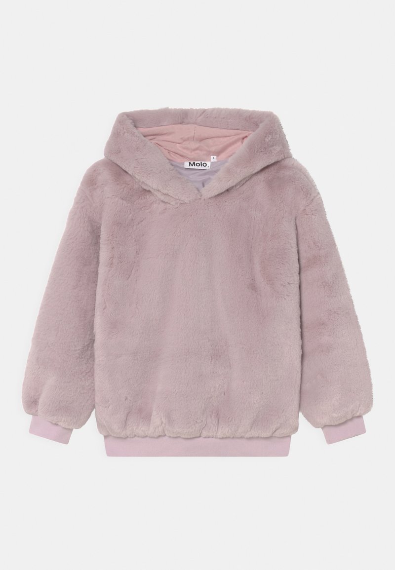 Sweat à capuche en peluche rose pâle doux et léger, avec manches longues, poignets élastiques et capuche, conçu pour la chaleur et le confort.