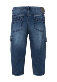 Denim cargo shorts, dark blue with a faded texture, featuring patch pockets, stitch detailing, and a star pattern on the back.