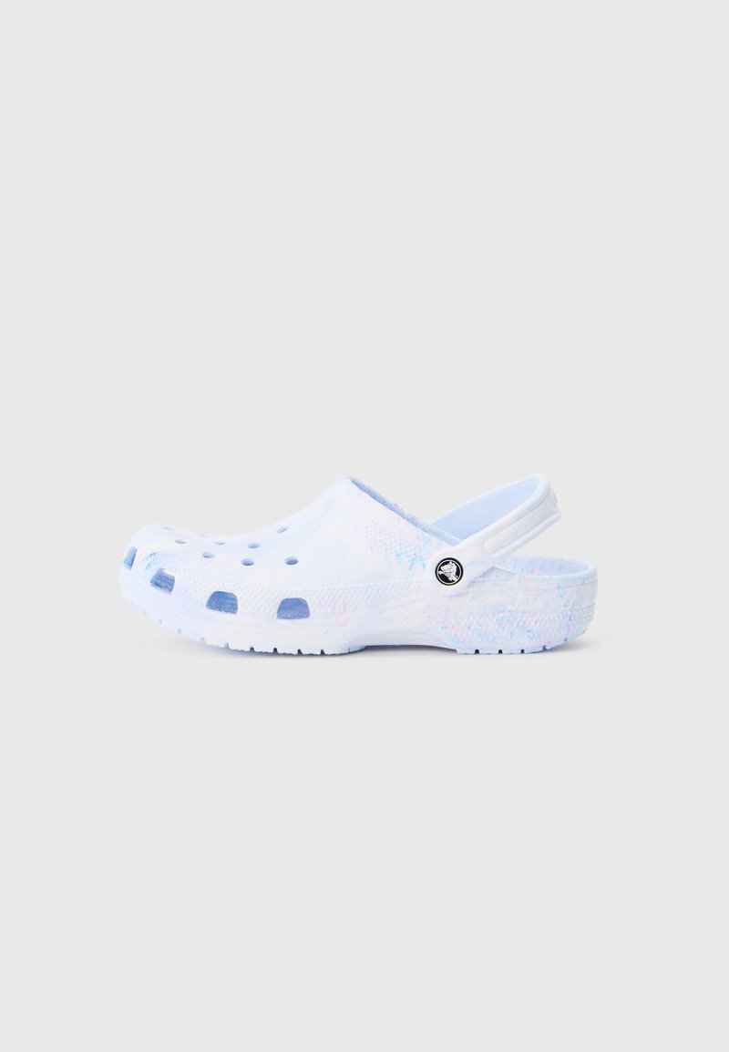 Light blue and white marbled clog with ventilation holes and a heel strap, shown from the side on a plain background.