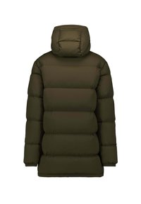 Gewatteerde jas in donker olijfgroen, voorzien van een capuchon, een boxy vorm en elastische manchetten. Soepele textuur met horizontale quilt-details.