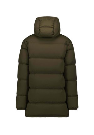 Chaqueta acolchada en verde olivo oscuro, con capucha, forma amplia y puños elásticos. Textura suave con detalles de acolchado horizontal.