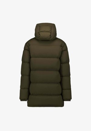 Veste rembourrée en vert olive foncé, dotée d'une capuche, d'une coupe ample et de poignets élastiques. Texture lisse avec des détails de matelassage horizontal.