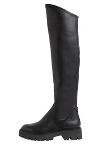 Bota de cuero negro hasta la rodilla con una textura suave, punta redondeada, paneles laterales elásticos y una suela gruesa y resistente.