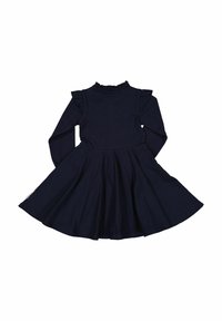 Laivastonsininen pitkähiha mekko, jossa on levenevä hame, röyhelökoristeiset hartiat ja korkea kaulus, valmistettu pehmeästä puuvillamateriaalista.