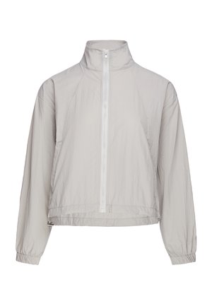 Hellgraue Langarmjacke mit hohem Kragen, Frontreißverschluss, elastischen Bündchen und leicht gekürztem Saum.