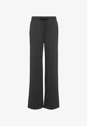 Donkergrijze wijde broek van zachte stof met een elastische tailleband en trekkoord. Heeft subtiele zijnaad voor een ontspannen pasvorm.