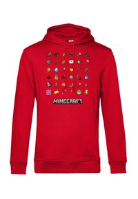 Czerwona bluza z kapturem z motywami pikselowymi inspirowanymi grą Minecraft w różnych kolorach i kształtach, z napisem "Minecraft" wyświetlonym wzdłuż dolnej krawędzi.