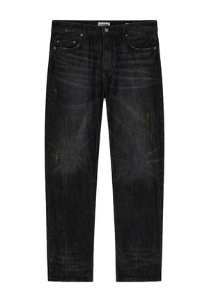 Jean en denim noir avec une coupe droite, un léger délavage et des détails usés. Design classique à cinq poches avec fermeture par bouton.