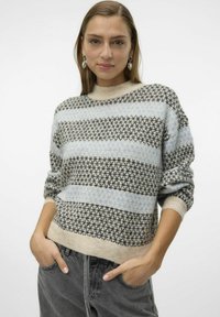 Gebreid sweater met een ronde hals, voorzien van een patroon van afwisselende zwarte, blauwe en beige strepen. Oprolbare mouwen en een casual pasvorm.