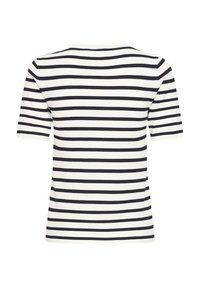 T-shirt rayé avec des rayures horizontales bleu marine et blanches, col rond et manches courtes, en coton doux.