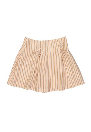 Jupe beige taille haute avec des rayures verticales marron et des détails à lacets sur le devant, coupe évasée.