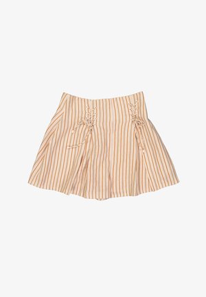 Jupe beige taille haute avec des rayures verticales marron et des détails à lacets sur le devant, coupe évasée.