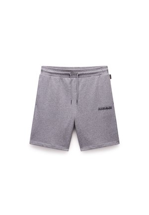 Gray cotton shorts with an elastic waistband, drawstring, and side pockets. Features a logo in black on the left leg.