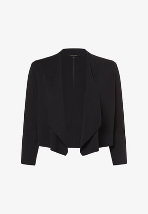 Cardigan nero lavorato a maglia con un'apertura frontale, lunghezza corta, maniche lunghe e un design drappeggiato. Texture liscia e silhouette semplice.