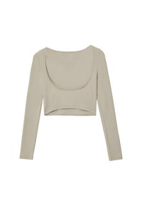 Beiger Langarm-Crop-Top, weicher Stoff, runder Halsausschnitt, figurbetontes Design, minimale Nähte, glatte Textur, einfaches und modernes Ästhetik.