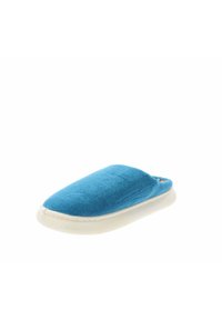 Pantofola in suede blu con punta arrotondata, texture morbida e suola in gomma bianca. Presenta un design semplice e discreto, privo di dettagli decorativi.