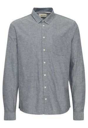 Stripet langermet skjorte i blått og hvitt, med krage med knapper, frontlomme og buet nederkant. Laget av et lett stoff.