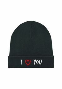 Berretto nero lavorato a maglia con risvolto e testo ricamato in rosso e bianco "I ♥ YOU." Texture morbida, design senza cuciture e vestibilità aderente.
