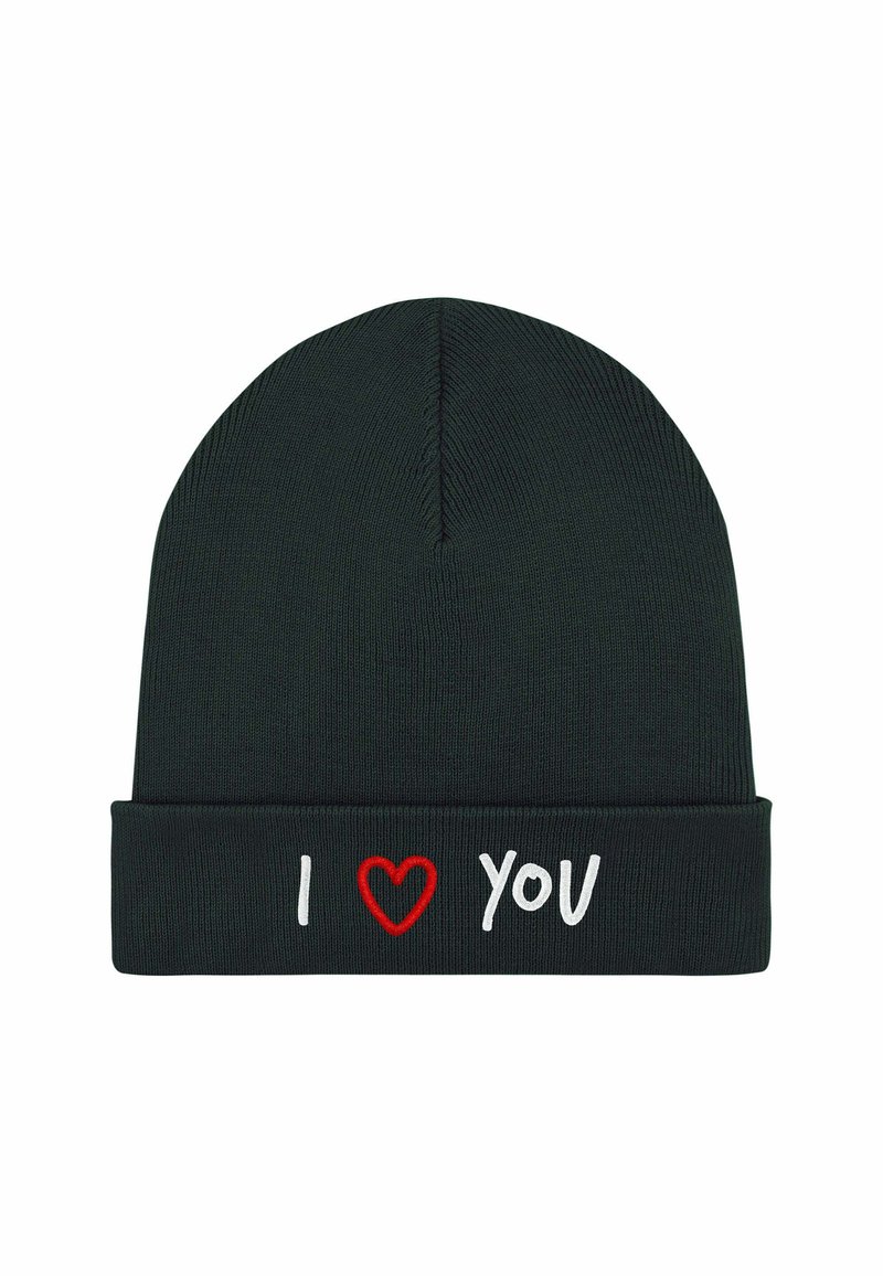 Berretto nero lavorato a maglia con risvolto e testo ricamato in rosso e bianco "I ♥ YOU." Texture morbida, design senza cuciture e vestibilità aderente.