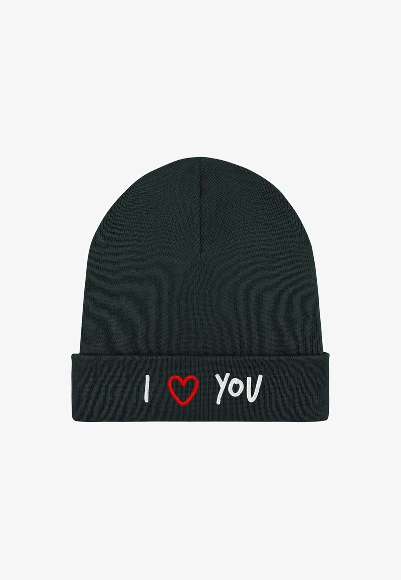 Berretto nero lavorato a maglia con risvolto e testo ricamato in rosso e bianco "I ♥ YOU." Texture morbida, design senza cuciture e vestibilità aderente.