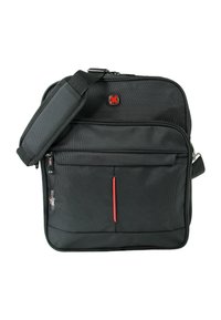 Zwarte schoudertas van textuur nylon, met een voorste ritszak, rode accenten en een verstelbare schouderriem.