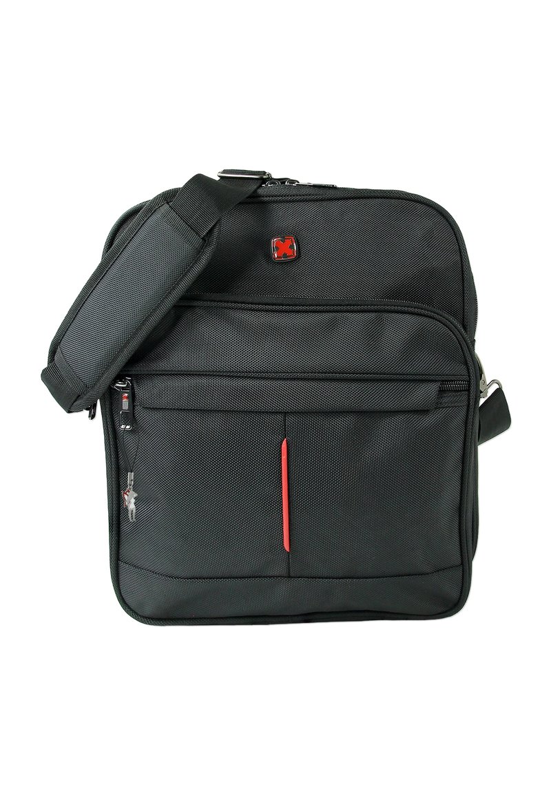 Zwarte schoudertas van textuur nylon, met een voorste ritszak, rode accenten en een verstelbare schouderriem.