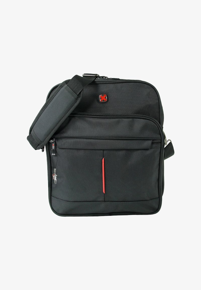 Zwarte schoudertas van textuur nylon, met een voorste ritszak, rode accenten en een verstelbare schouderriem.