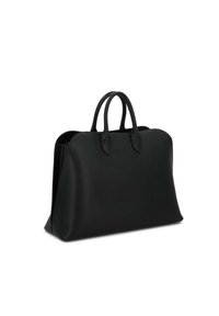 Sort læder tote bag med et struktureret design, to runde håndtag og en glat overflade. Har et rummeligt interiør og minimalistisk stil.