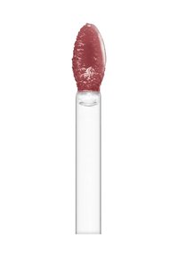 Lipgloss-applikator med et klart rør og en tilspidset, tekstureret stav, der har en blød, rosa gloss på spidsen.