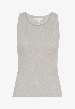 Gray ribbed tank top with a crew neckline, fitted shape, and sleeveless design. Made of soft fabric with a smooth texture.