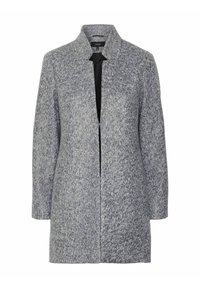 Grau, strukturierter Mantel mit gerader Silhouette, Reverskragen und offener Vorderseite. Der Stoff wirkt weich mit einem leichten Glanz und eignet sich gut zum Lagenlook.