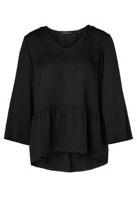 Schwarze Bluse mit V-Ausschnitt und Dreiviertelärmeln. Sie verfügt über einen gerafften Peplum-Saum und eine glatte, matte Stoffoberfläche.