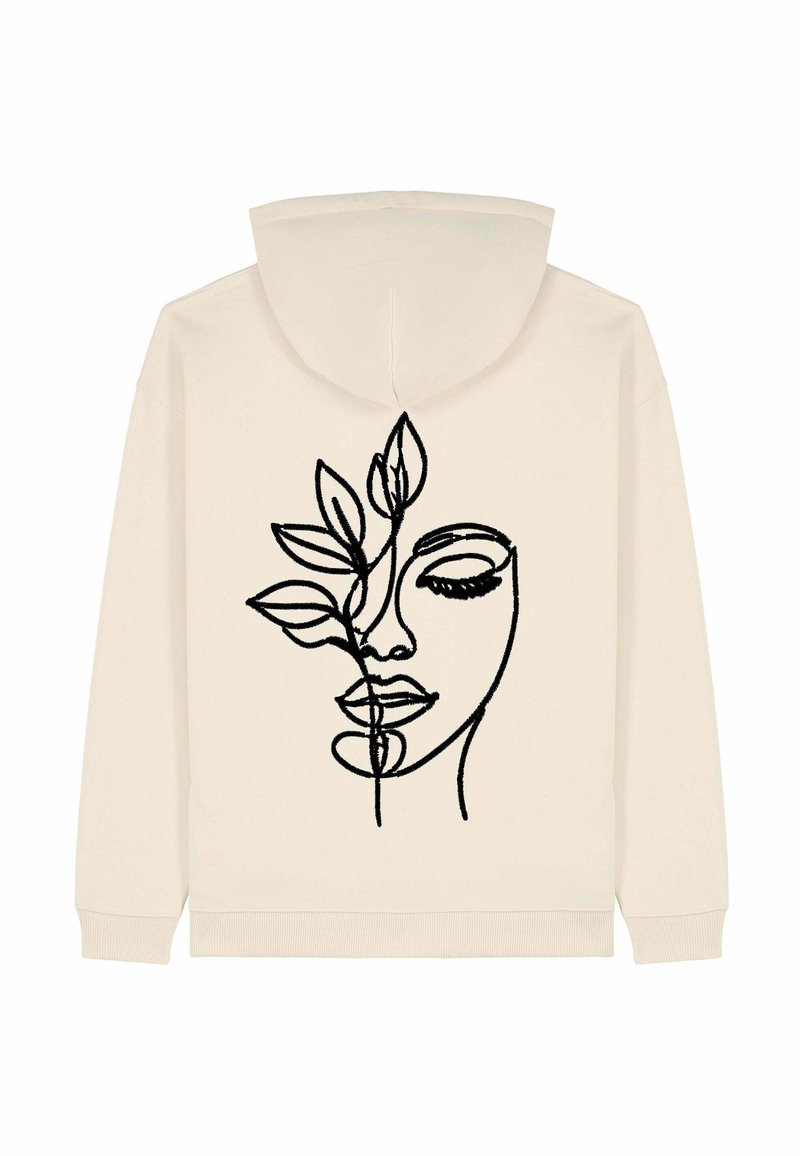 Felpa crema in misto cotone, con un disegno a linea nera di un volto intrecciato con foglie sul retro. Design semplice e minimalista.