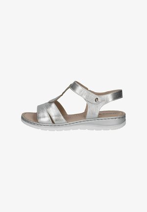 Silberne metallische Sandalen mit offener Zehenpartie, überkreuzten Riemen und verstellbarem Hinterriemen, ausgestattet mit einer strukturierten Oberfläche und einer gepolsterten Sohle.