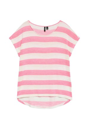 Damska bluzka z krótkim rękawem w szerokie, różowo-białe poziome pasy, z okrągłym dekoltem i lekko zaokrąglonym dołem.